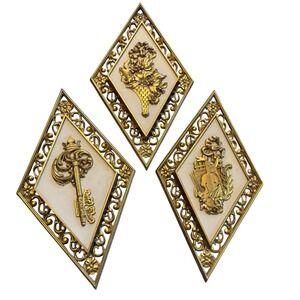 Vtg MCM Syroco 4271 Diamond Wall Hangings Art Retro Mid Century Gold Hollywood